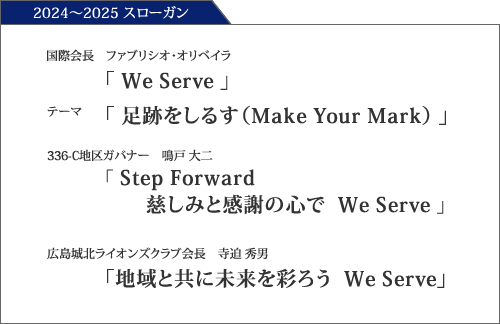 国際会長　ファブリシオ・オリベイラ「We Serve」　テーマ「足跡をしるす（Make Your Mark）」　336-C地区ガバナー　鳴戸 大二「Step Forward　慈しみと感謝の心で　We Serve」　広島城北ライオンズクラブ会長　寺迫 秀男「地域と共に未来を彩ろう　We Serve」